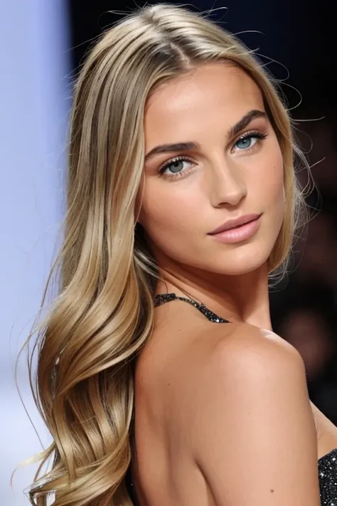 A model of&#39;influence d&#39;stunning beauty graces the stage, her tanned skin glowed under the softness, stylish 800 LED lights. Sa longue, blonde hair cascades over her shoulders in loose waves, framing her oval-shaped face with heart-shaped lips and e...