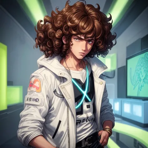 Boy, teenager, brunette, curly hair, white jacket with neon details, cartoon, anime, UHD, masterpiece, super detail, best quality, highres, 16k, HD