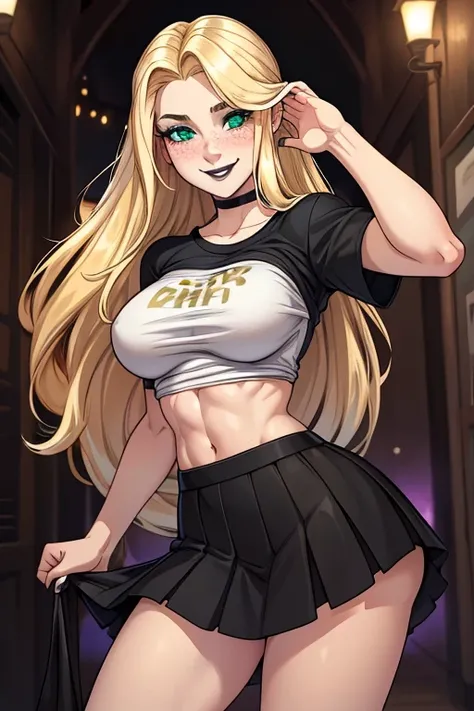 18 year old white woman wearing a t shirt and a skirt to a night party greeting you , long wild blonde hair , black lips , wearing black eye liner, green eyes , perfect shaped ass,  medium perky tits,  fit body with a 6 pack , freckles , curious smile