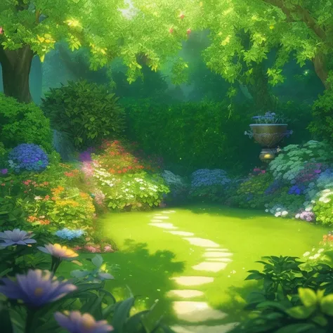 (extremely detailed CG unity 8k wallpaper, masterpiece, best quality, ultra-detailed), (best illumination, best shadow, an extremely delicate and beautiful), flower garden, lush greenery, sunlight streaming through, depth of field, warm and inviting ambian...