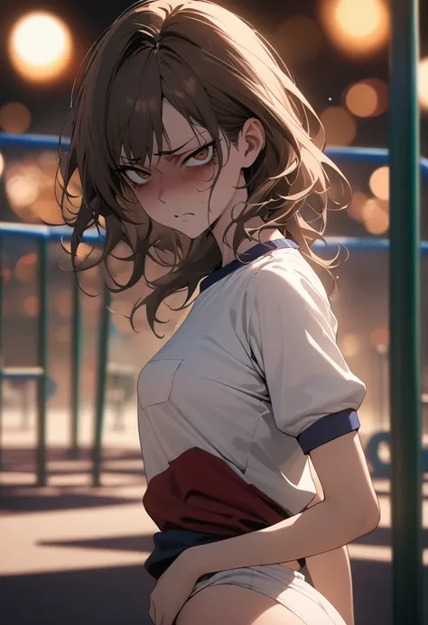 (masterpiece:1.2),(best quality:1.2),8k wallpaper,ultra highres,ultra detailed,1girl,solo,looking_at_viewer,slender,brown hair,brown eyes,(disgust:1.4),from_side,blurry,depth of field,bokeh,playground,gym_uniform,covering_ass,