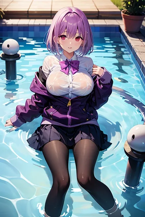 (8K、top-quality、​masterpiece:1.2)、(realisitic、ultra-detailliert、超A high resolution,beautifull detailed face,perfect body,perfect lighting,constriction,beautiful detailed skin,skin texture,(1giri,very short hair:1.5,purple hair,red eyes),covering breast wit...