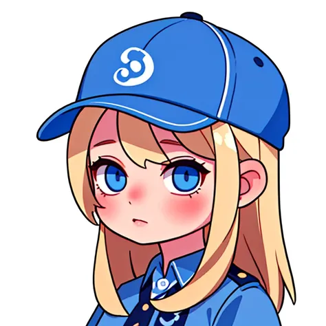 a portrait of a blonde girl with blue cap and blue shirt