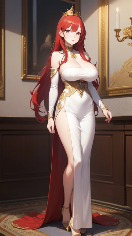 ((best quality)), ((masterpiece)), (detailed), perfect face, queen, castle, red hair, 
standing, long hair, long dress, tall, large breast