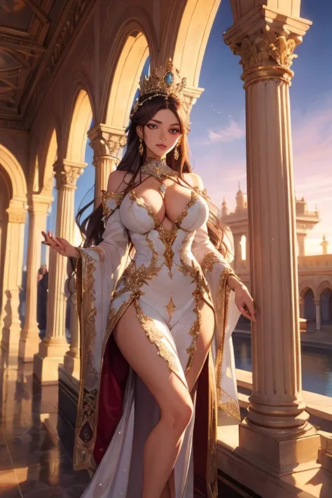 (best quality,masterpiece:1.2),detailed,perfect face,queen,castle,big breast,portraits,vivid colors,shiny armor,soft flowing hair,sparkling jewelry,powerful pose,elaborate crown,majestic background,brilliant sunlight,impressive architecture,curved pathways...