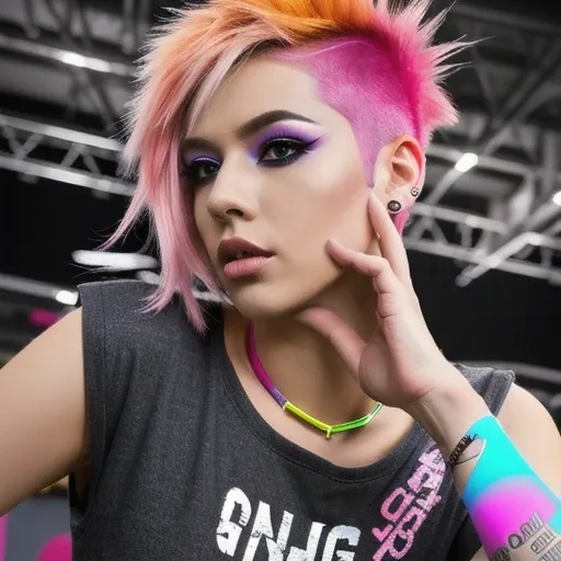 a full body photo of a person with pink hair with orange and blue highlights, beautiful female punk, detailed punk hair, spiky hair, coloured hair, punk girl, punk woman, wearing spikes and piercings, toned orange and pastel pink, brilliantly colored, punk...