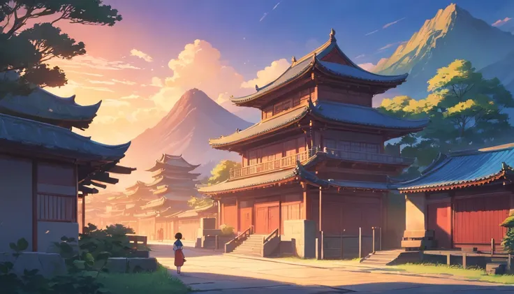 I want to design a background of ancient Chinese fighting houses, evening scene, cartoon style, anime style, close-up with a stone in the right corner and a wooden information board, in the left corner is empty land, in the distance are mountain ranges and...