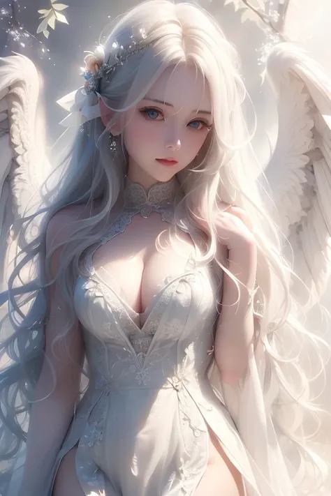 (white wings 1.2),(white feathers falling in the background 1.1)， （（masterpiece））， （detailed：1.4），realistic、 beautiful woman ima...