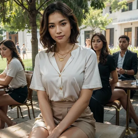 (in 8K, Raw-Photo, best quality, ​masterpiece:1.2), (epicrealism), (realism:1.6),  1 girl , 31yo, 3/4 body, a beauty, thai ancestry, beautiful thai girls, beautiful thai women, mestiza,  perfect face, slim normal body, wolf cut, (wavy hair), bob cuts hair,...