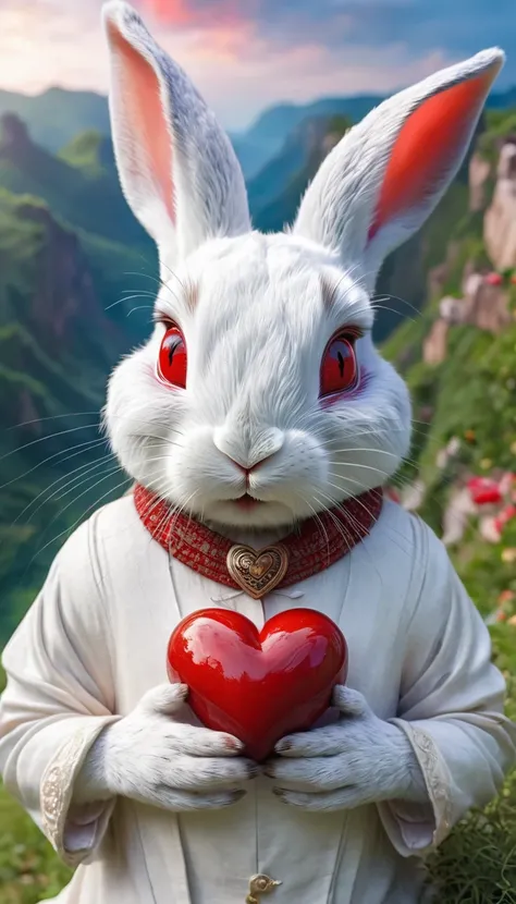 A rabbit with red eyes hugging a human heart，Lifelike，The background is the scenery of the world wonders 