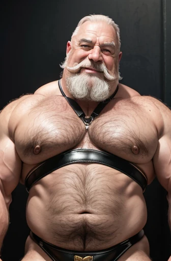  A full length Austrian bodybuilder shirtless very oiled body smiling elderly sweaty bald man with big mustaches extremely muscular and extremely fat over 70 years old weighing over 600 pounds very muscular, very hairy big pecs with gynecomastia dark nippl...