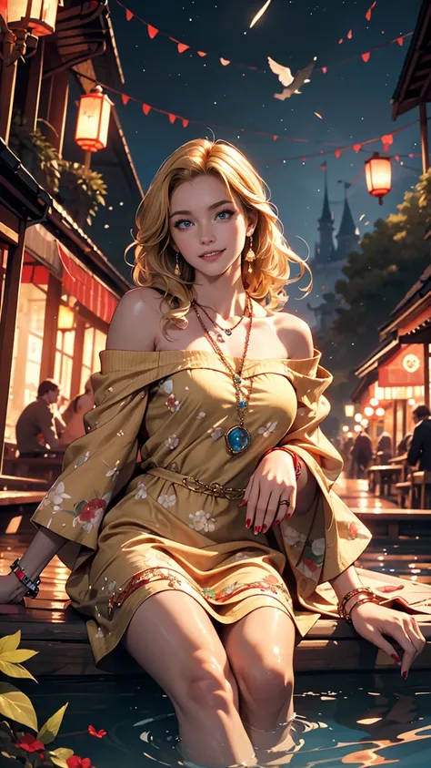 ((最high quality, 8K, masterpiece: 1.3, Ultra HD, high quality, 最high quality, High resolution, realism)) 、A 22-year-old extremely beautiful white woman、Hair color blonde、blue eyeedium Hair、Straight Hair、smile、Slender but well-proportioned body、Background b...