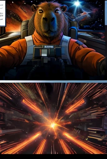 comic page, cockpit view, anthro (capybara:1.3) in rebel pilot suit, space battle, lasers, [explosion]