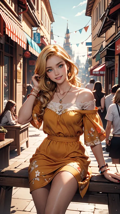 ((最high quality, 8K, masterpiece: 1.3, Ultra HD, high quality, 最high quality, High resolution, realism)) 、A 22-year-old extremely beautiful white woman、Hair color blonde、blue eyeedium Hair、Straight Hair、smile、Slender but well-proportioned body、Background b...