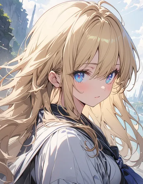 (非常にdetailedな 、 8k wallpaper,masterpiece, highest quality, 非常にdetailedな),(Best lighting, Best Shadow, Very delicate and beautiful),floating,High saturation,Blonde+blue eyes:1.2,Gloomy Gothic Landscape, Long Hair, Gazing into the distance. (長いブロンドの髪と輝くblue ...