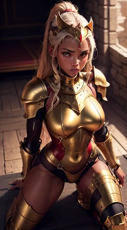 Ultra realistic, high resolution, ultra 8K, black woman, 30 years old, sweaty skin, athletic body with golden armor and red color, steel clothes of King, a cybernetic knight King, Ultra resolution, Desert castle throne, kneeling.