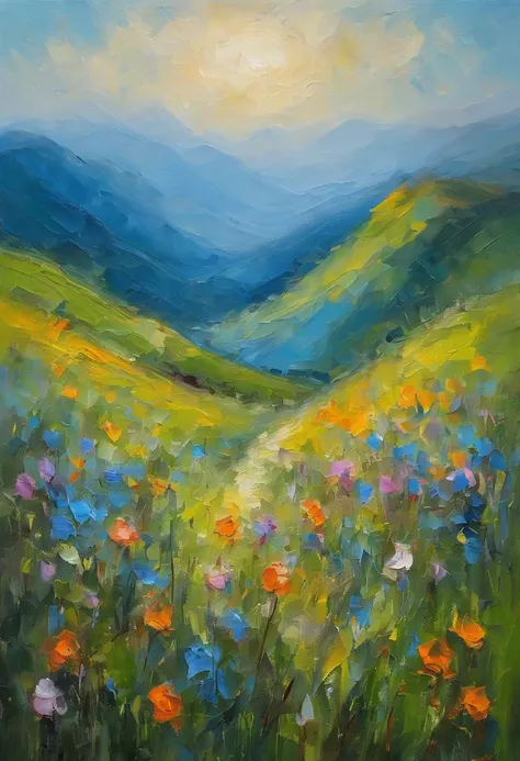 masterpiece、top quality、morning、walk。realistic, spring flowers blue, dream grass, aerial photography, sky, mountain, landscape, warm piercing light
 、walk、landscapeи