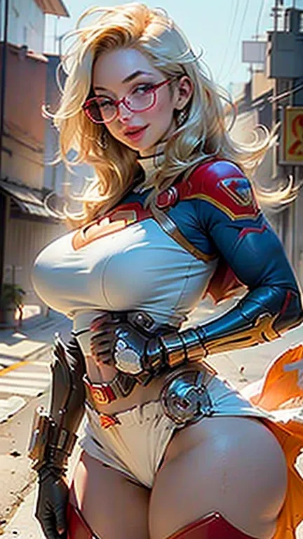 Supergirls body set thighs cybernetic body parts, short underwear, blonde hair with blue eyes, ((ridiculously large breasts))), (ridiculously huge breasts: 1.5), (((huge breasts)), detailed face, gorgeous, gorgeous and sexy smile, glasses and guns. (huge b...