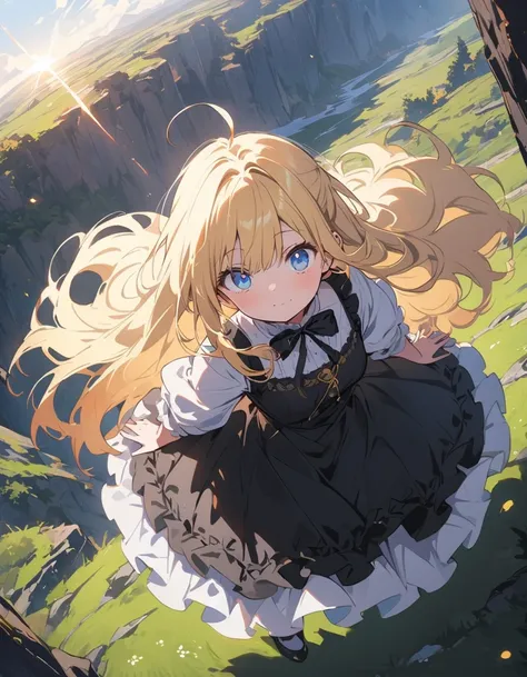 (非常にdetailedな 、 8k wallpaper,masterpiece, highest quality, 非常にdetailedな),(Best lighting, Best Shadow, Very delicate and beautiful),floating,High saturation,Blonde+blue eyes:1.2,Gloomy Gothic Landscape, Long Hair, Gazing into the distance. (長いブロンドの髪と輝くblue ...