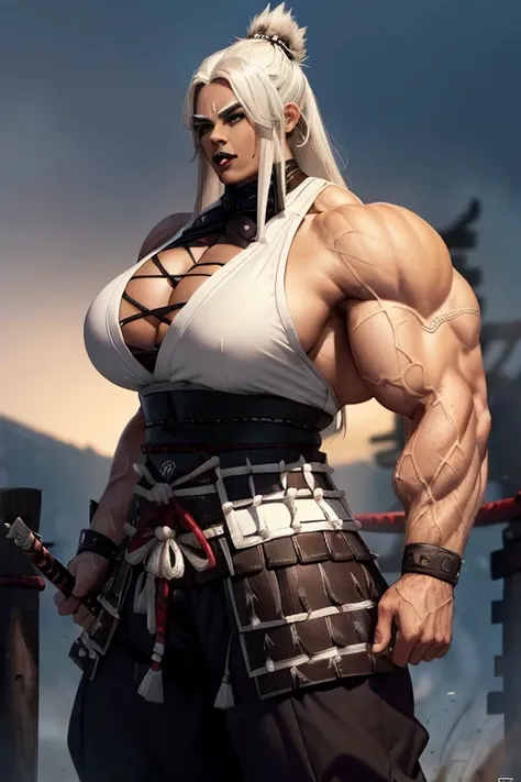 ((((Massive tall, beautiful, buff, brown skinned muscular woman with white hair, black lipstick, ginormous bulky muscles and glad in samurai white armor with pants)))), close view, massive muscle, massive biceps, hyper muscle shoulders, massive shoulders, ...