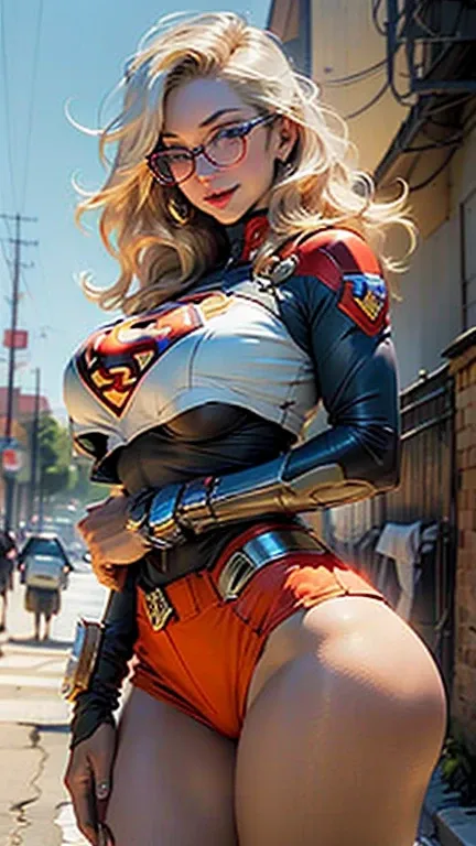 Supergirls body set thighs cybernetic body parts, short underwear, blonde hair with blue eyes, ((ridiculously large breasts))), (ridiculously huge breasts: 1.5), (((huge breasts)), detailed face, gorgeous, gorgeous and sexy smile, glasses and guns. (huge b...