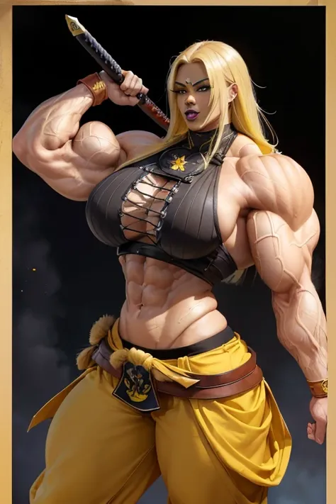 ((((Massive tall, beautiful, buff, light brown skinned muscular woman with yellow hair, black lipstick, ginormous bulky muscles and glad in yellow samurai armor with pants)))), close view, massive muscle, massive biceps, hyper muscle shoulders, massive sho...