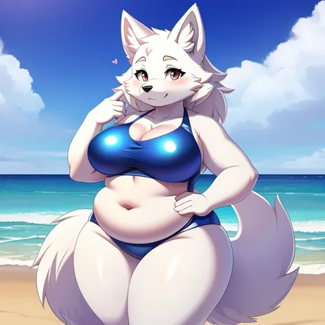 Wolf standing on a beach, wearing a swimsuit, shiny white fur, thick, she has a jiggly fat round belly, big love handles, soft tummy, looking at camera shyly