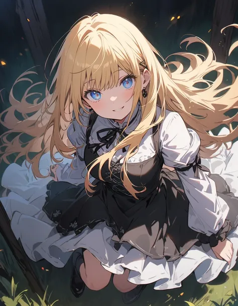 (非常にdetailedな 、 8k wallpaper,masterpiece, highest quality, 非常にdetailedな),(Best lighting, Best Shadow, Very delicate and beautiful),floating,High saturation,Blonde+blue eyes:1.2,Gloomy Gothic Landscape, Long Hair, Gazing into the distance. (長いブロンドの髪と輝くblue ...