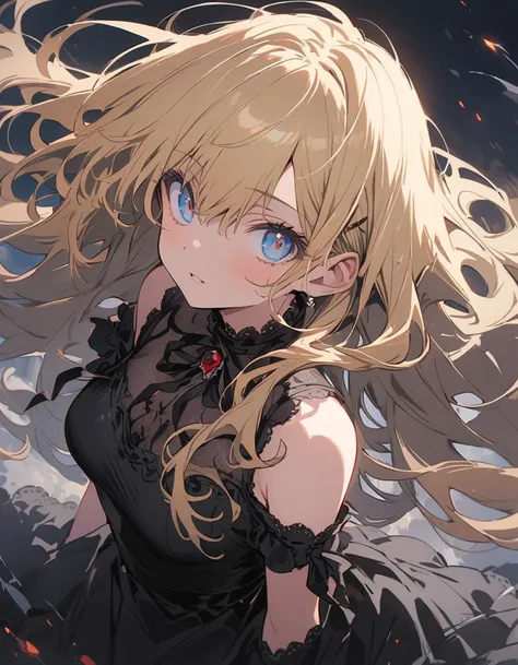 (非常にdetailedな 、 8k wallpaper,masterpiece, highest quality, 非常にdetailedな),(Best lighting, Best Shadow, Very delicate and beautiful),floating,High saturation,Blonde+blue eyes:1.2,Gloomy Gothic Landscape, Long Hair, Gazing into the distance. (長いブロンドの髪と輝くblue ...