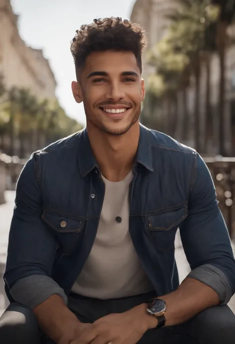 high quality handsome light skin mixed race man with short hair, in an mall, ultra-realistic details, Smiling towards the camera, foto corporativa, Foto de plano medio, tres cuartos, cruzado los brazos, hermoso aspecto, ojos claros de miel, Sonrisa encanta...