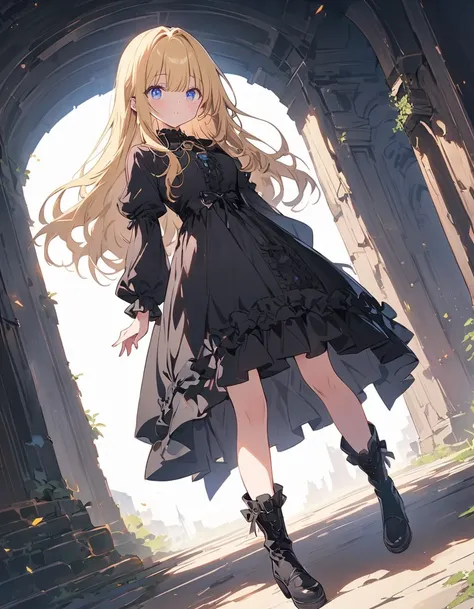 (非常にdetailedな 、 8k wallpaper,masterpiece, highest quality, 非常にdetailedな),(Best lighting, Best Shadow, Very delicate and beautiful),floating,High saturation,Blonde+blue eyes:1.2,Gloomy Gothic Landscape, Long Hair, Gazing into the distance. (長いブロンドの髪と輝くblue ...