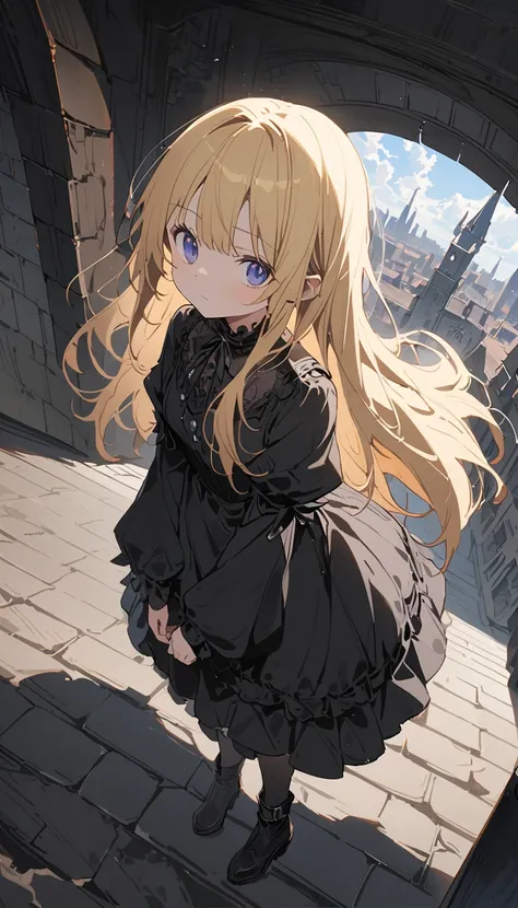 (非常にdetailedな 、 8k wallpaper,masterpiece, highest quality, 非常にdetailedな),(Best lighting, Best Shadow, Very delicate and beautiful),floating,High saturation,Blonde+blue eyes:1.2,Gloomy Gothic Landscape, Long Hair, Gazing into the distance. (長いブロンドの髪と輝くblue ...