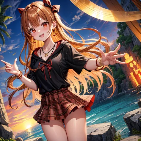 Brown, red, gold, golden hair、Red eyes、One good looking girl、solo、anime、Checkered mini skirt、Black camisole、Black T-shirt、hoodie、Wearing a ribbon、Ribbon on waist、Crystal Earrings、Gemstone Necklace、Light and shadow、Tilting face、Teeth are visible、waterfall、K...