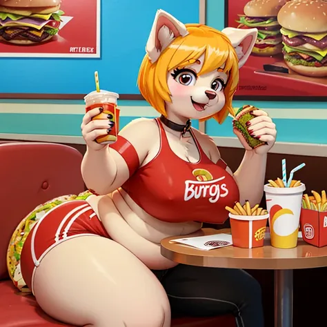 Dog sitting in fast food restaurant, biting into a burger, she has a jiggly fat round belly, love handles, crop top, tight clothes, (there are several burgers, fries, and a large drink on the table)