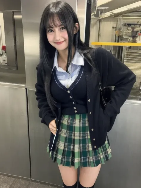 A high school girl wearing a uniform is standing、cardigan、(Blue, black and dark green checkered skirt、mini skirt)、nostalgic、Black straight hair、cute、Large Breasts、Cleavage