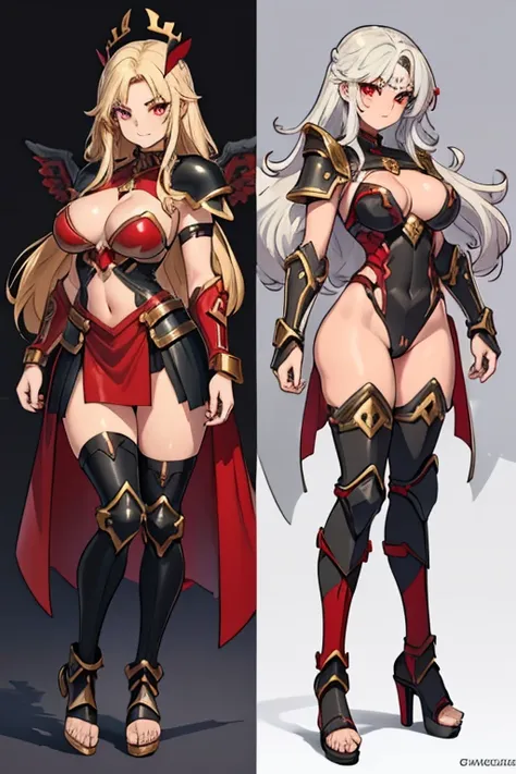 female, silver long hair, red eyes, tan skin, (((1girl))), (((red and black gladiator armor))), (gold jewelry), (black heeled sandals), cute and sexy, large breasts, large butt, full body, long legs, smiling, black angel wings on back