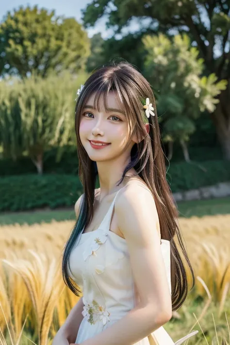 masterpiece, highest quality, Ultra-high resolution, detailed illustration, Portraiture, detailed, A girl standing in a wheat field, alone, Long Hair, dress, flower, White Hanfu, smile, whole body, white flower, Exposing shoulders, very Long Hair, Aqua Hai...