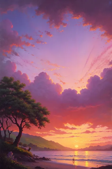 highest quality、Landscape painting、Beautiful sunset、Sunset、Lilac sky、dim、sentimental