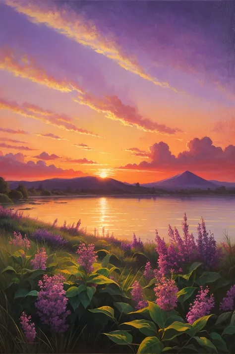 highest quality、Landscape painting、Beautiful sunset、Sunset、Lilac sky、dim、sentimental