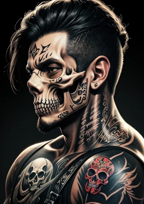 a painting of a man with a skull and a gun, tattoo artist, chicano airbrush art, tattoo art, detailed airbrush art, skull paint, an airbrush painting, skull tattoo, highly detailed dark art, airbrush art, profile pic, tattoo graphics, lowbrow art style, ov...