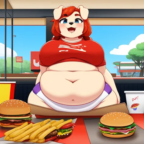 Dog sitting in fast food restaurant, mouth open, about to bite into a burger, she has a jiggly fat belly, love handles, small shirt, tight clothes, there are several more burgers on the table in front of her