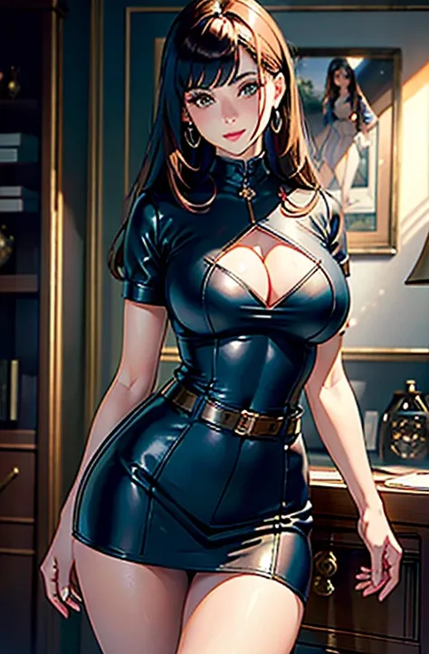 ((masterpiece, highest quality)))، (1 girl)، ((Mature Woman))), Brown Hair, Hello, Second leather upper (skirt (office lady)), bangs, Medium Chest, (Big Breasts), thin, smile, Wide Hips, machine, Are standing, Arrow (Blue Profile),, masterpiece, highest qu...