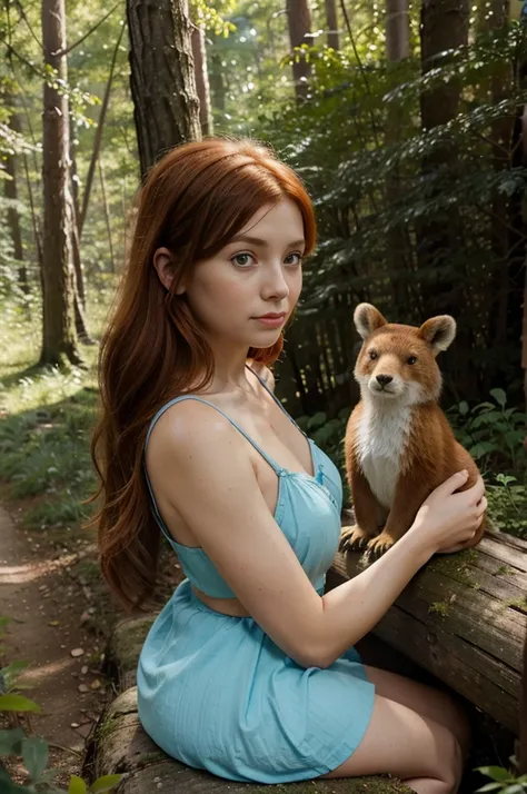 Make an illustration for a fairy tale, about a girl with red hair, small in stature in a blue sundress, solid round eyes, long eyelashes, freckles on the face and shoulders, talking to a sparrow and a bear sitting on her fingers surrounded by forest animal...