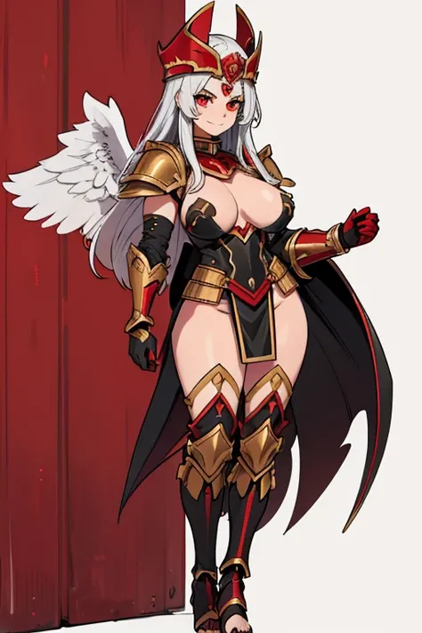 female, silver long hair, red eyes, tan skin, (((1girl))), (((red and black gladiator armor))), (red and black gladiator helmet), (gold jewelry), (black skirt), (black heeled sandals), cute and sexy, large breasts, large butt, full body, long legs, smiling...