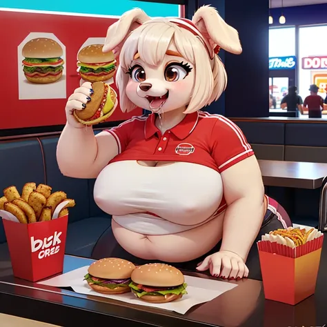 Dog sitting in fast food restaurant, leaning forward, holding burger to face, looking at burger, mouth open, drooling, about to bite into a burger, she has a jiggly fat belly, love handles, small shirt, tight clothes, there are several more burgers on the ...