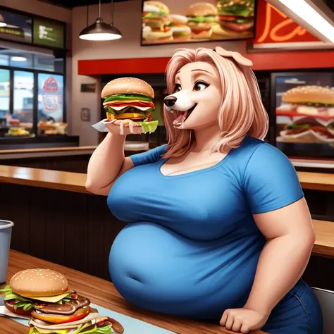 Dog in a fast food restaurant, sitting, leaning forward, holding burger to face, looking at burger, mouth open, drooling, about to bite into a burger, she has a jiggly fat belly, love handles, small shirt, tight clothes, there are several more burgers on t...