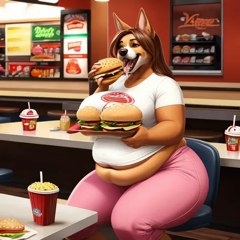 Dog in a fast food restaurant, sitting, leaning forward, holding burger to face, looking at burger, mouth open, drooling, about to bite into a burger, she has a jiggly fat belly, love handles, small shirt, tight clothes, there are several more burgers on t...