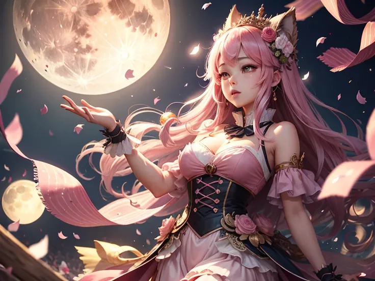 Fantastic full moon background、Pink confetti