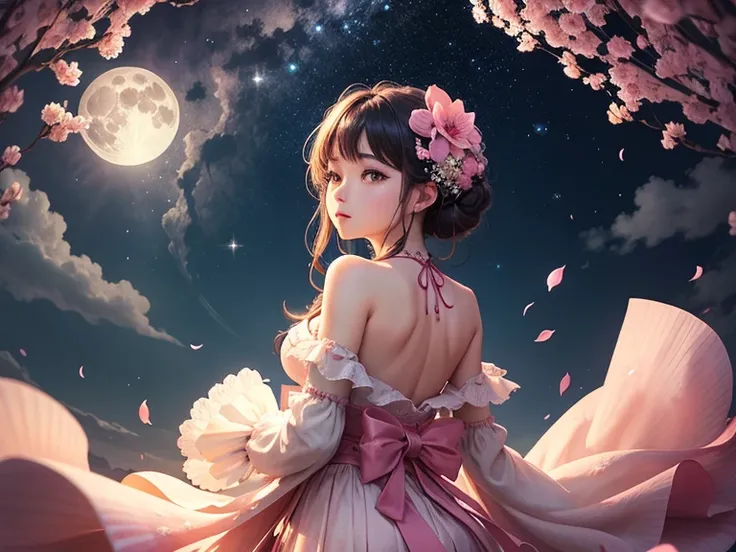 beautiful full moon starry sky、Pink petal falling、Mysterious Background、