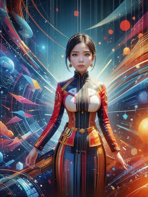 An Indonesian-styled futuristic suit worn by a girl depicting cultural fusion and modern fashion. The suit is adorned with intricate patterns and vibrant colors, showcasing the rich heritage of Indonesia. The girl stands confidently in a dynamic pose, with...